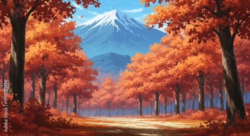Autumn Forest with Snowy Mountain in the Distance