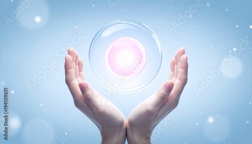 3D Illustration of Protecting Cryopreserved Eggs or Stem Cells in Both Hands.