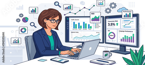 Businesswoman analyzing financial data on computer screens and laptop with charts and graphs for strategic planning and growth