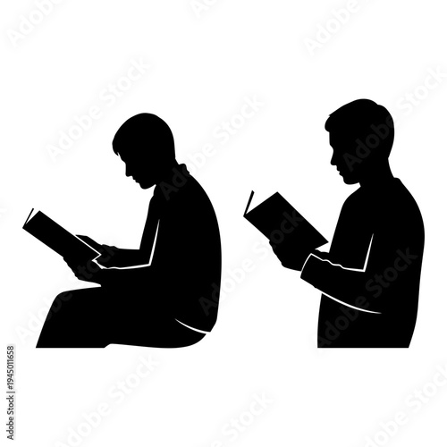 Two individuals engrossed in reading books in a quiet moment Vector, illustration