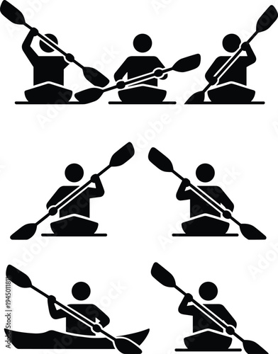 Black and white flat vector icon set of person in kayak paddling on water, symbols for outdoor water sports, adventure, teamwork, and rowing.