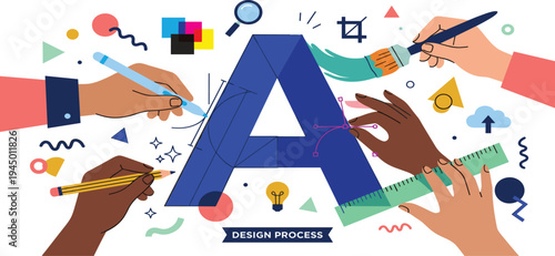 Diverse Creative Hands Collaborating on Graphic Design Process with Tools and Abstract Elements, Illustrating Teamwork and Innovation in Visual Arts