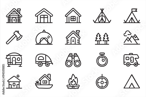 Black Outline Camping Icons Featuring Tent Cabin and Campfire