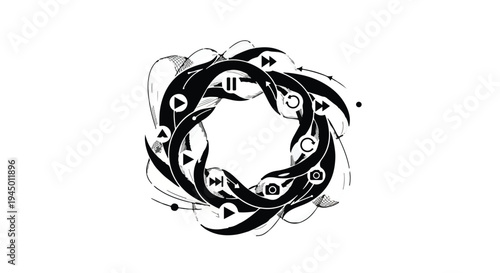 Abstract circular design with music and video playback icons intertwined in fluid motion.