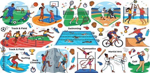 Dynamic illustration of diverse athletic pursuits, showcasing various competitive and recreational sports activities, emphasizing an active, healthy lifestyle and the spirit of fitness