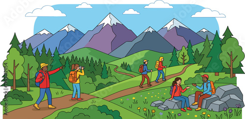Vibrant illustration of friends enjoying a scenic mountain hike, exploring winding trails, lush forests, and majestic snow-capped peaks under a clear blue sky, embracing nature and outdoor adventure