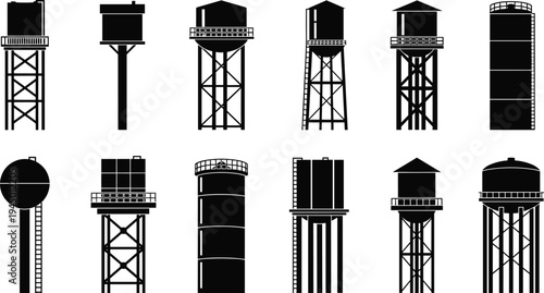 Industrial water tower and storage tank silhouettes set, elevated municipal reservoirs, engineering infrastructure icons, black vector utility structures collection.