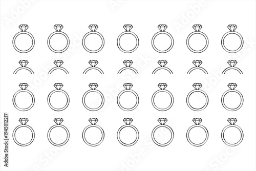 Diamond ring line icons collection for proposal marriage and bridal concepts