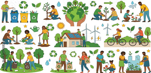 Illustration of environmental awareness and sustainable living with people engaged in eco-friendly activities and nature conservation