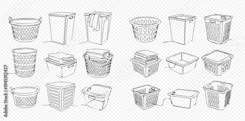 Laundry baskets and hampers sketch set, hand drawn household containers for dirty clothes, linen, and washing items.
