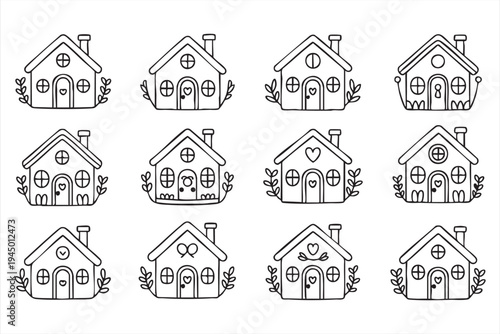 Minimal house illustration icon pack with cozy cottage and home symbols