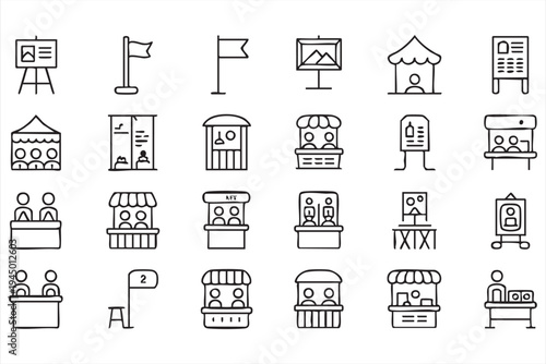 Marketplace vendor stand and retail kiosk line icon set isolated vector symbols