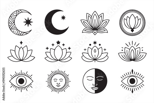 Spiritual meditation icons featuring lotus moon and cosmic eye symbols