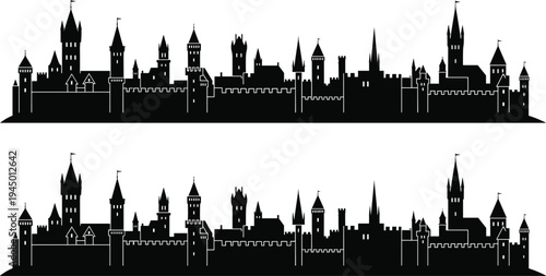 Medieval castle skyline silhouette with towers and fortifications, fantasy kingdom architecture vector illustration, historic fortress cityscape design.