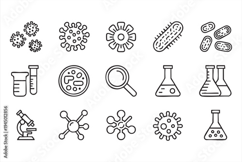 Microbiology and chemistry laboratory vector icon pack for scientific research design