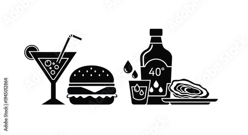 Vector graphic illustration of alcoholic drink and food items for restaurant or bar menu design