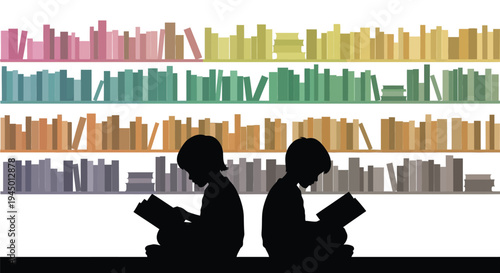 Two children reading books on floor in front of colorful bookshelves