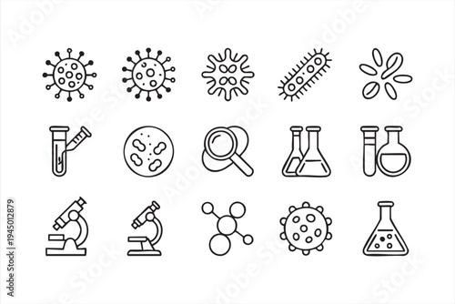 Laboratory equipment and bacteria icons for biotechnology and healthcare concepts