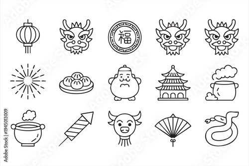 Minimal Chinese cultural symbols vector icon pack for Asian heritage design