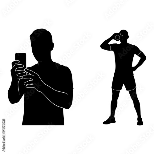 Two silhouettes demonstrating different ways of using a camera and smartphone Vector, illustration