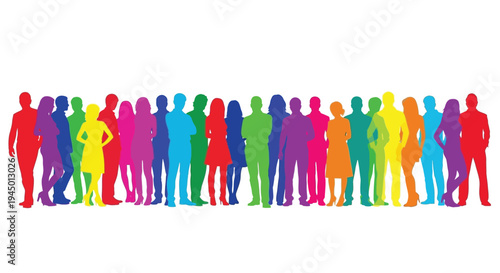 Colorful vector illustration of diverse people standing together in a line