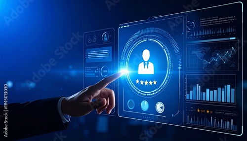 Customer satisfaction assessment through digital interface, evaluating user experience with rating system and performance analytics