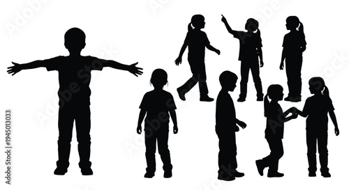 Silhouettes of children in various poses and movements against a white background for design and educational use in vector graphic illustrations