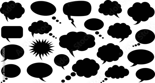 Speech bubbles, thought clouds, comic dialogue shapes, black vector icons, graphic design elements, cartoon communication, blank templates, storytelling tools, white backgroundSpeech bubbles, thought 