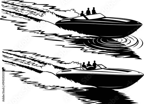 speed motor boats with passengers on board, creating a strong wake and splash, symbolizing fun, summer vacation, and water recreation, isolated on white background, vector illustration.