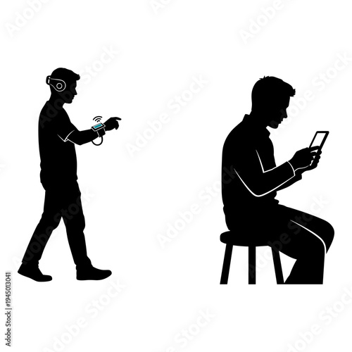 A person in virtual reality interacts with someone using a smartphone. Vector, illustration