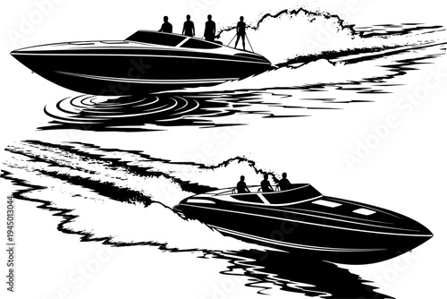 speed power boats carrying passengers, accelerating rapidly across the water with splashing waves, symbolizing water sport and marine luxury, isolated on white background, vector illustration.