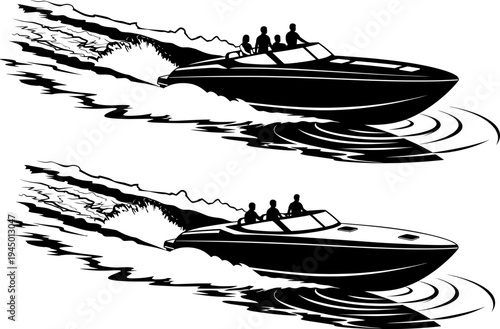 speed motor boats with people aboard, kicking up a large, dynamic wake and water spray, symbolizing fun, summer, and marine sport, isolated on white background, vector illustration.