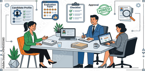 Recruiting process illustration showing diverse candidates undergoing a job interview with HR professionals in a modern office setting