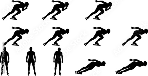 Speed skating silhouettes, athlete ice skater vector illustration, professional winter sports figures in motion, racing poses, competition silhouettes, dynamic ice skating performance.