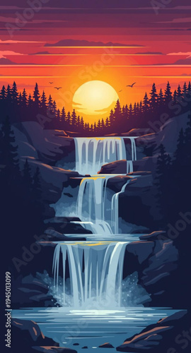 Illustration of a Multi-Tiered Waterfall at Sunset