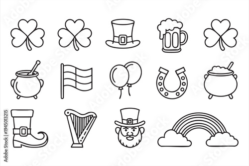 St Patricks Day celebration icon set with shamrock leprechaun beer and rainbow symbols