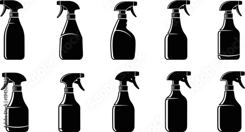 Spray bottle silhouettes collection, black vector illustration set of cleaning spray containers, household detergent packaging, sanitation, hygiene, product design icons