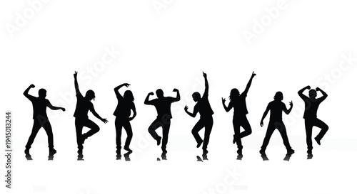 Silhouette illustration of eight people dancing energetically in various poses