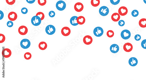 Colorful social media icons with hearts and thumbs up scattered on white background in a vector graphic illustration
