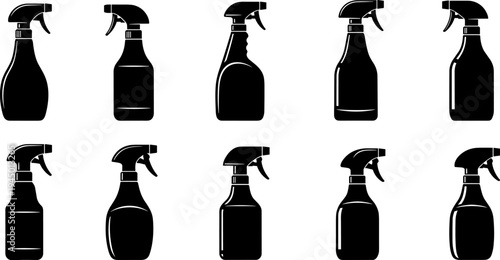Spray bottle silhouettes set, household cleaning containers collection, black vector illustration for detergent, sanitizer, cosmetic packaging, home care product design