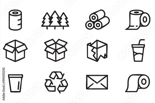 Minimal recycling and cardboard box icons for eco friendly packaging concepts