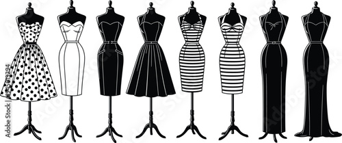 Fashion mannequin silhouettes set, featuring vintage polka dot dresses, striped summer gowns, evening wear, and elegant cocktail outfits for retail design.