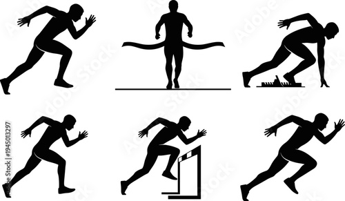 Sprinter silhouette, running poses, hurdle jump, finish line, starting block, black vector icons, track and field, athletic motion, race action