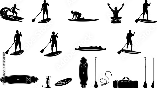 Stand up paddleboarding silhouette vector set, SUP surfing poses and equipment collection for water sports recreation, black icons isolated on white background