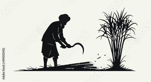 Farmer harvesting crops with a sickle in a field at sunrise.