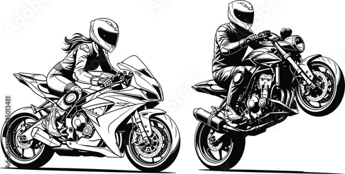 Sport motorcycle riders illustration set, male and female bikers performing racing and wheelie stunt isolated detailed vector design