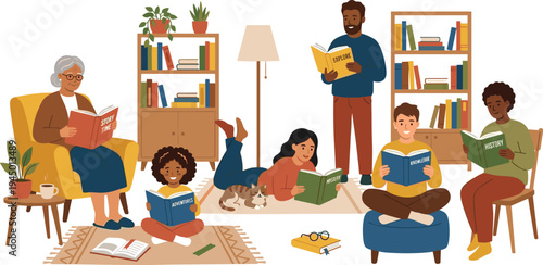 Diverse multi-generational group happily immersed in reading books, fostering a love for literature and lifelong learning within a cozy home setting, celebrating knowledge