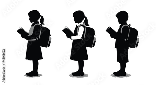 Silhouette illustration of school children with backpacks reading books standing in a row on transparent background for educational or back to school designs