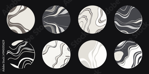 Abstract oval shapes with swirling marble like patterns in grayscale