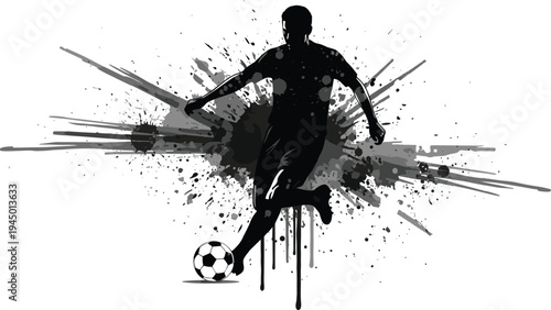 Soccer player silhouette kicking football with grunge paint splash background dynamic sport action vector illustration isolated design